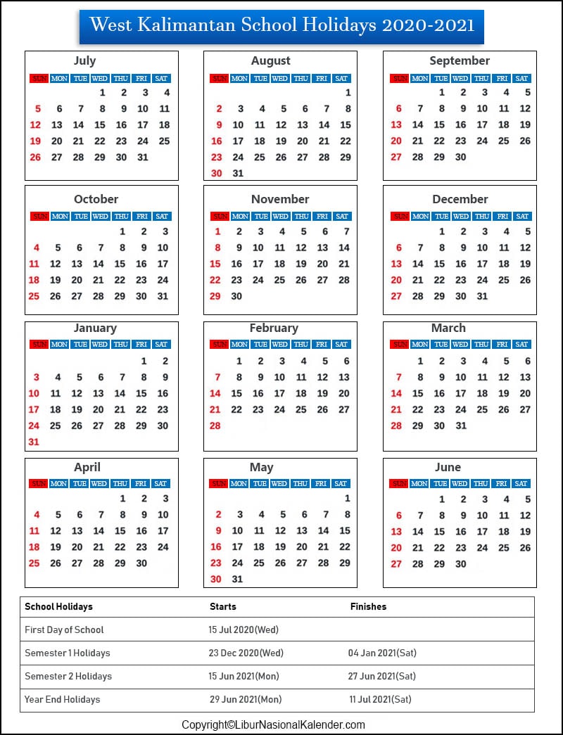 School Holidays West Kalimantan 2020-2021 [academic Calendar West 