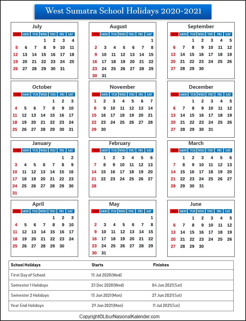 School Holidays West Sumatra 2020-2021 [academic Calendar West Sumatra 